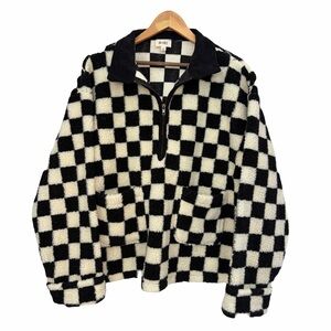 BiBi Checkered Print Half Zip Pullover Black & White Fleece Oversized Medium